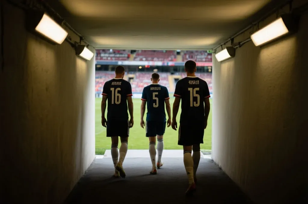 德国国家队球员背影走向球场的画面，象征传统强队与世界杯舞台的关系