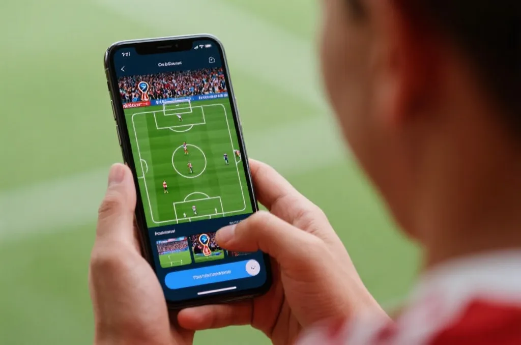 球迷在手机上查看世界杯进球集锦和战术分析界面